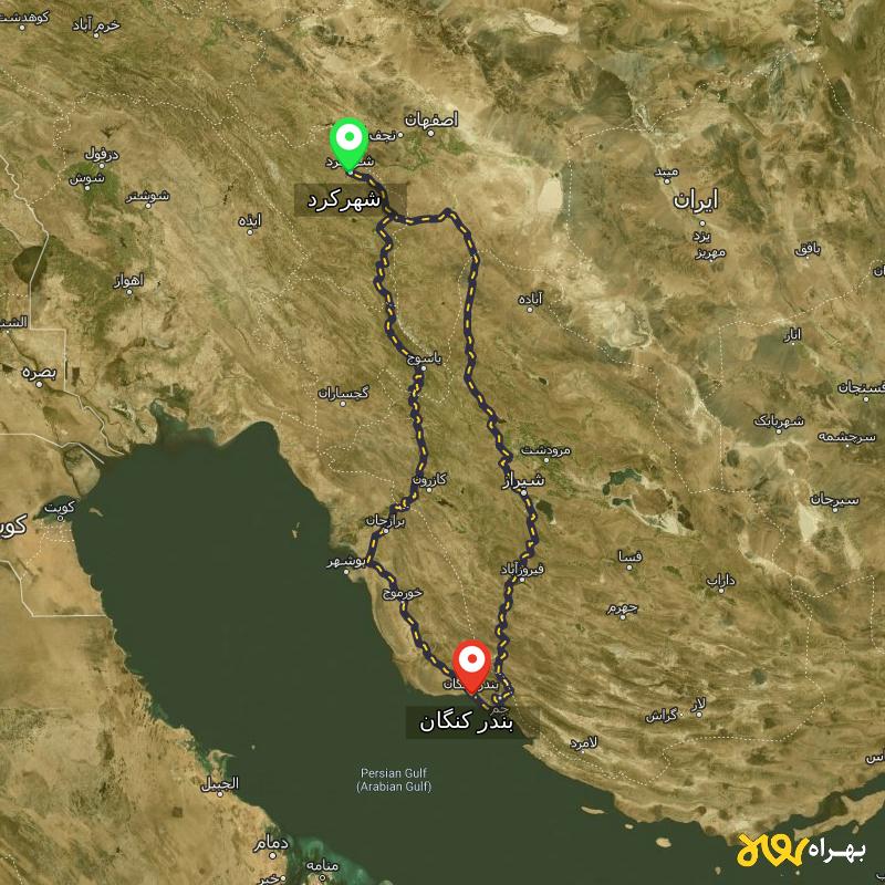 مسافت و فاصله بندر کنگان - بوشهر تا شهرکرد از 2 مسیر - مسیریاب بهراه