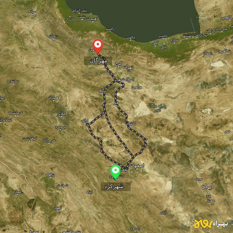 مسافت و فاصله مهرگان - قزوین تا شهرکرد از ۳ مسیر - آبان ۱۴۰۳