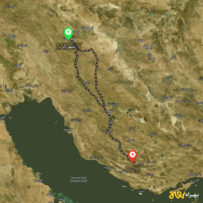 مسافت و فاصله ارد - فارس تا شهرکرد از ۲ مسیر - شهریور ۱۴۰۳
