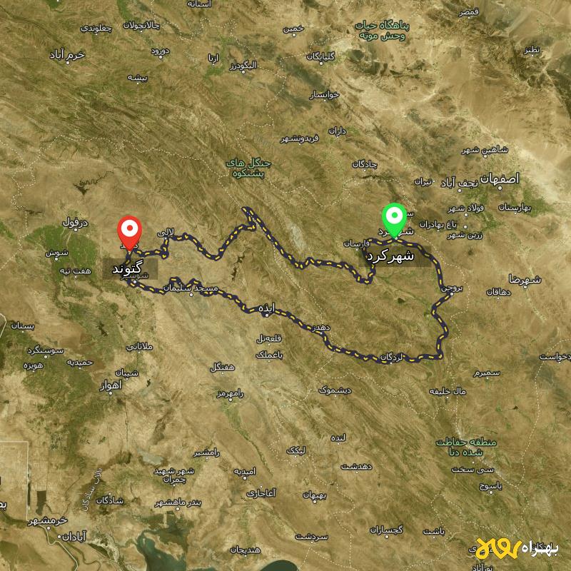 مسافت و فاصله گتوند - خوزستان تا شهرکرد از ۲ مسیر - شهریور ۱۴۰۳
