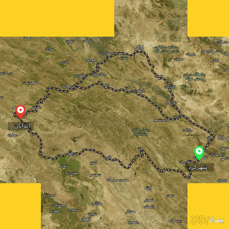 مسافت و فاصله آبدانان - ایلام تا شهرکرد از ۳ مسیر - دی ۱۴۰۳