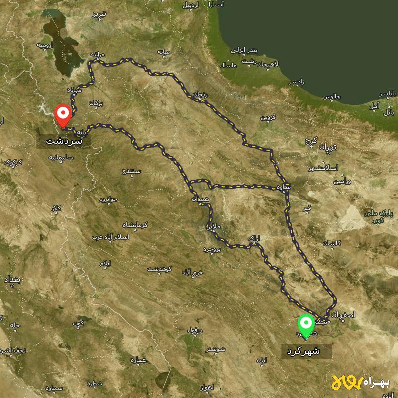 مسافت و فاصله سردشت - آذربایجان غربی تا شهرکرد از ۳ مسیر - آذر ۱۴۰۳