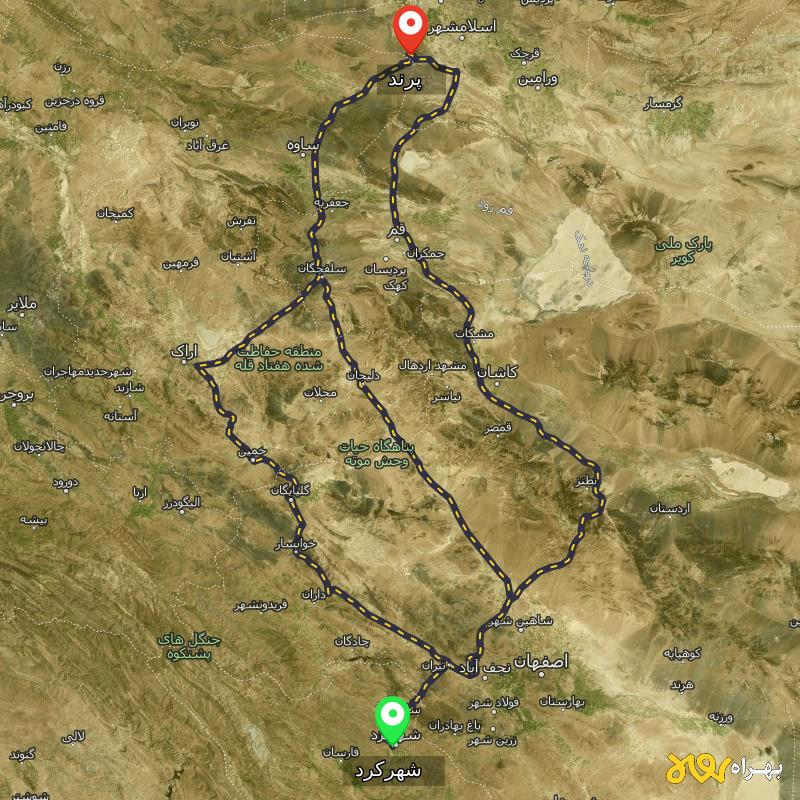 مسافت و فاصله پرند تا شهرکرد از ۳ مسیر - مهر ۱۴۰۳