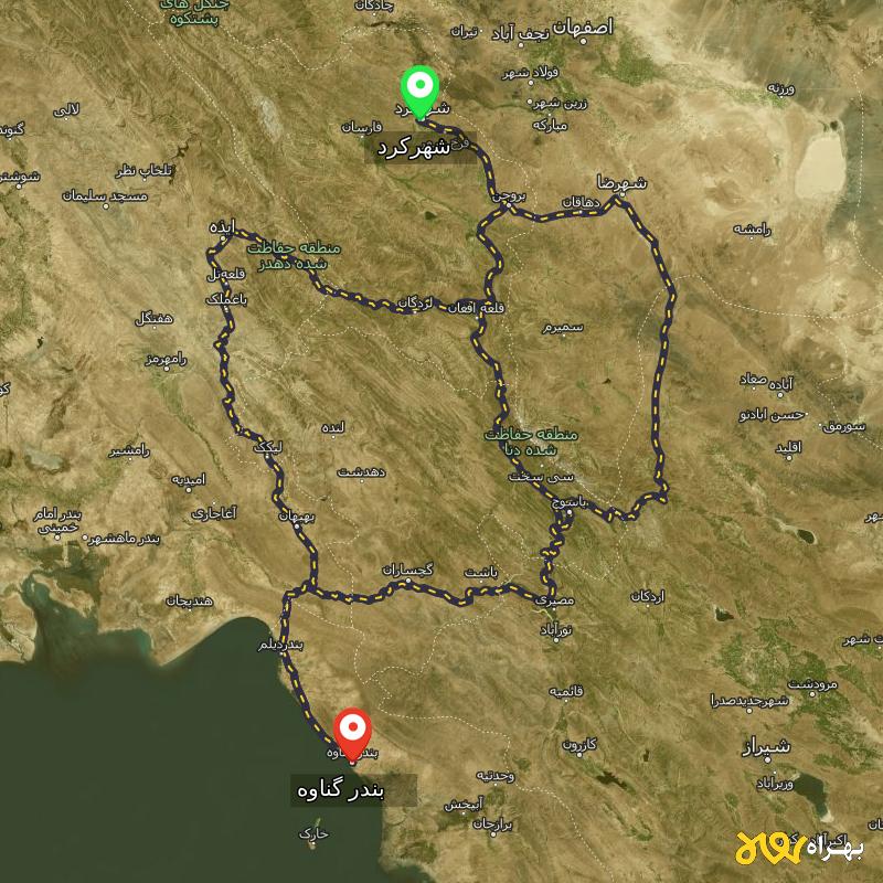 مسافت و فاصله بندر گناوه - بوشهر تا شهرکرد از 3 مسیر - مسیریاب بهراه