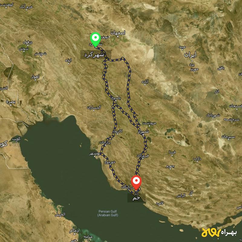 مسافت و فاصله جم - بوشهر تا شهرکرد از 3 مسیر - مسیریاب بهراه