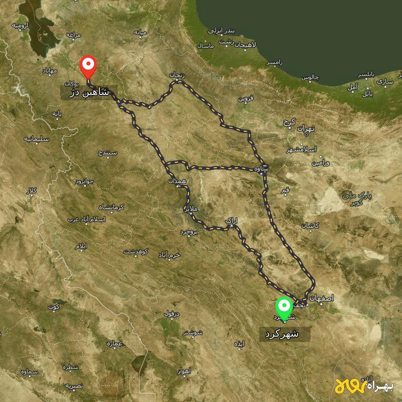 مسافت و فاصله شاهین دژ - آذربایجان غربی تا شهرکرد از ۳ مسیر - دی ۱۴۰۳