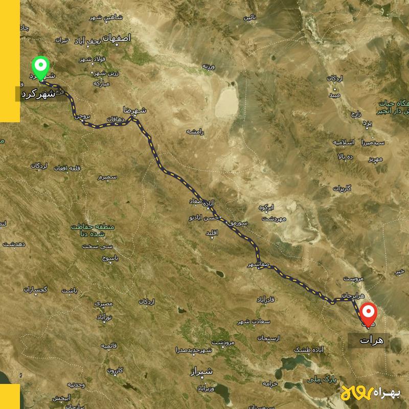 مسافت و فاصله هرات - یزد تا شهرکرد - مسیریاب بهراه
