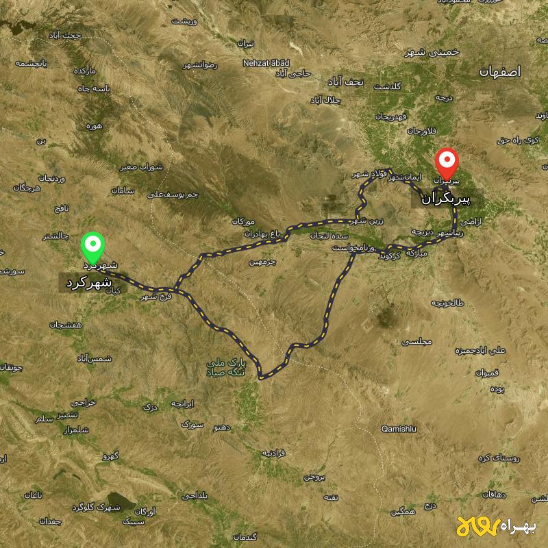 مسافت و فاصله پیربکران - اصفهان تا شهرکرد از ۲ مسیر - آذر ۱۴۰۳