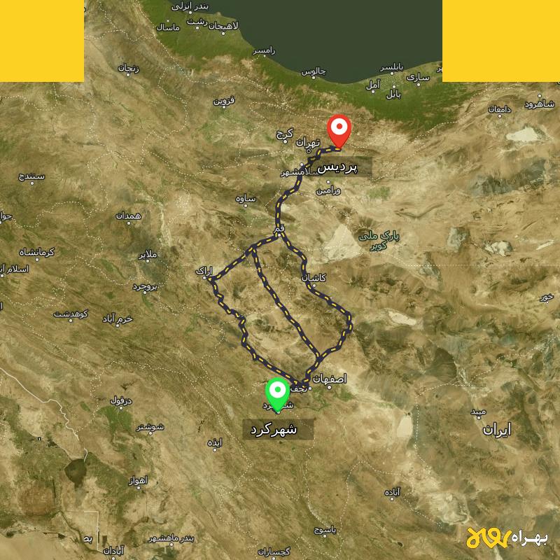 مسافت و فاصله پردیس - تهران تا شهرکرد از ۳ مسیر - مهر ۱۴۰۳