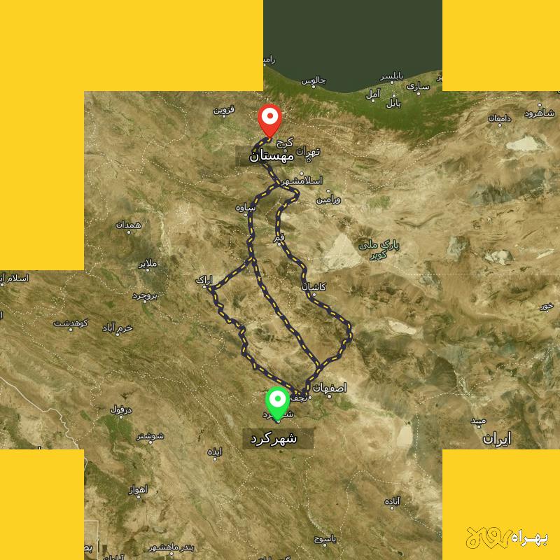 مسافت و فاصله مهستان تا شهرکرد از ۳ مسیر - آبان ۱۴۰۳
