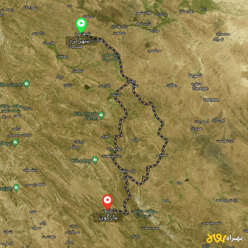 مسافت و فاصله مارگون - کهگیلویه و بویر احمد تا شهرکرد از ۲ مسیر - مهر ۱۴۰۳