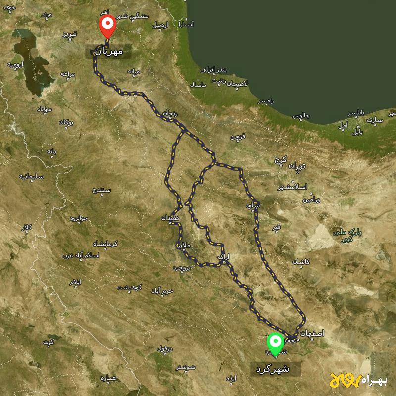مسافت و فاصله مهربان - آذربایجان شرقی تا شهرکرد از ۳ مسیر - مهر ۱۴۰۳