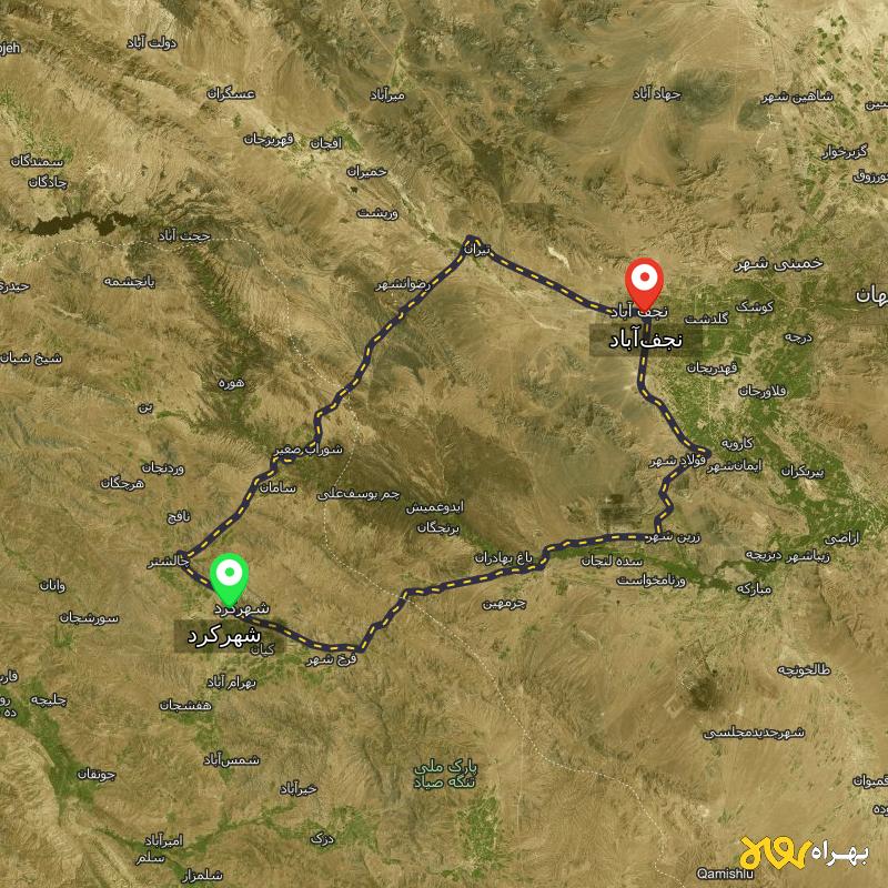 مسافت و فاصله نجف‌آباد تا شهرکرد از ۲ مسیر - اردیبهشت ۱۴۰۳