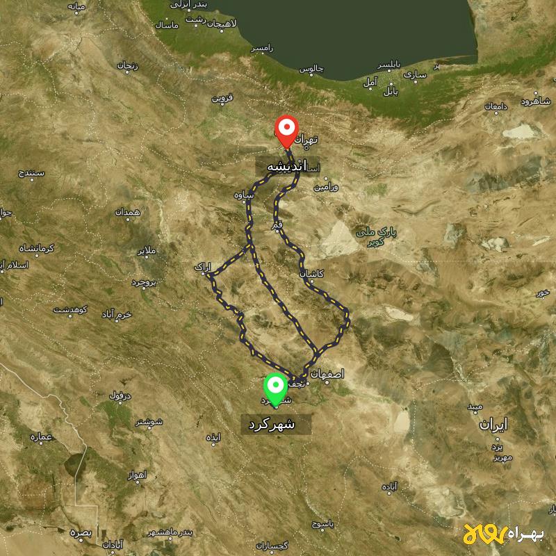 مسافت و فاصله اندیشه تا شهرکرد از ۳ مسیر - بهمن ۱۴۰۳