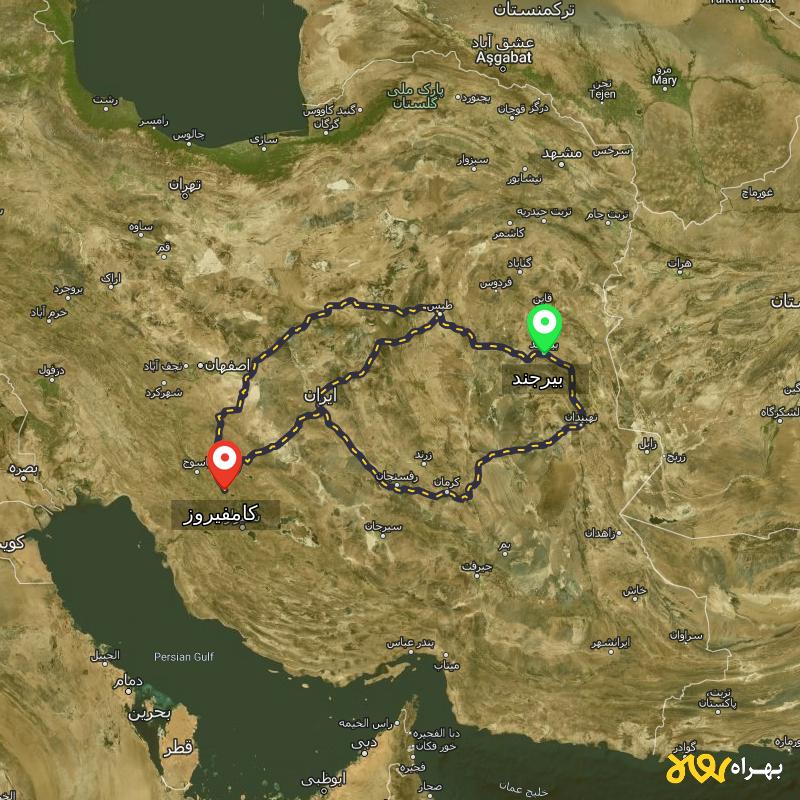 مسافت و فاصله کامفیروز - فارس تا بیرجند از ۳ مسیر - شهریور ۱۴۰۳