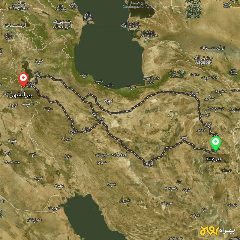 مسافت و فاصله پیرانشهر - آذربایجان غربی تا بیرجند از ۳ مسیر - اردیبهشت ۱۴۰۳