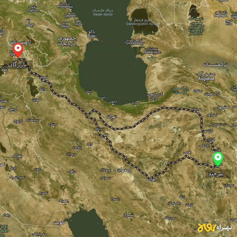مسافت و فاصله بازرگان - آذربایجان غربی تا بیرجند از ۲ مسیر - آذر ۱۴۰۳