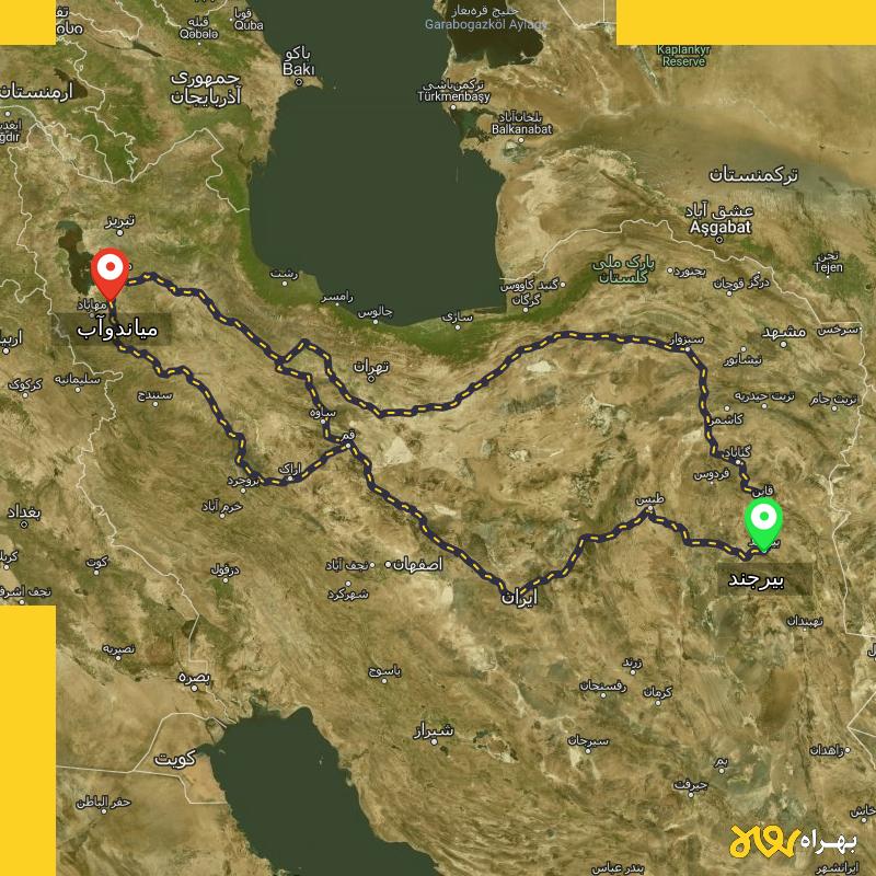 مسافت و فاصله میاندوآب - آذربایجان غربی تا بیرجند از 3 مسیر - مسیریاب بهراه