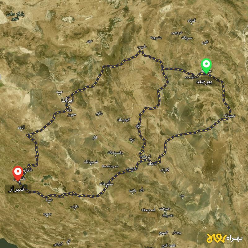 مسافت و فاصله شیراز تا بیرجند از 3 مسیر - مسیریاب بهراه