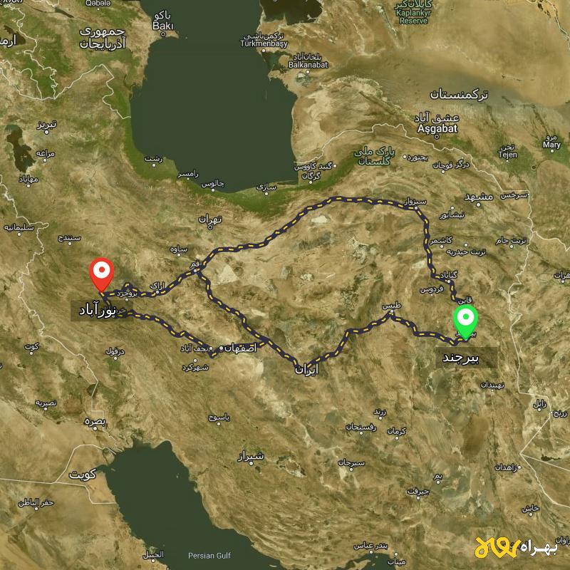 مسافت و فاصله نورآباد - لرستان تا بیرجند از ۳ مسیر - آذر ۱۴۰۳
