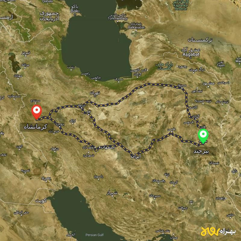 مسافت و فاصله کرمانشاه تا بیرجند از ۳ مسیر - مرداد ۱۴۰۳