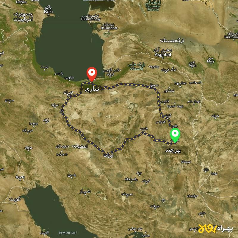 مسافت و فاصله ساری تا بیرجند از ۲ مسیر - مرداد ۱۴۰۳