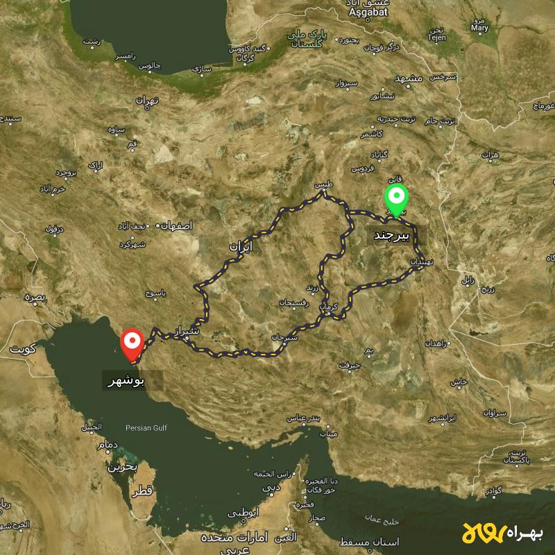 مسافت و فاصله بوشهر تا بیرجند از ۳ مسیر - اردیبهشت ۱۴۰۳