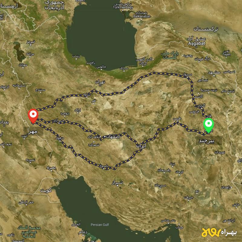 مسافت و فاصله مهر - ایلام تا بیرجند از ۳ مسیر - شهریور ۱۴۰۳