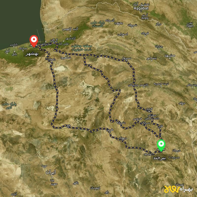 مسافت و فاصله بهشهر - مازندران تا بیرجند از ۳ مسیر - آذر ۱۴۰۳