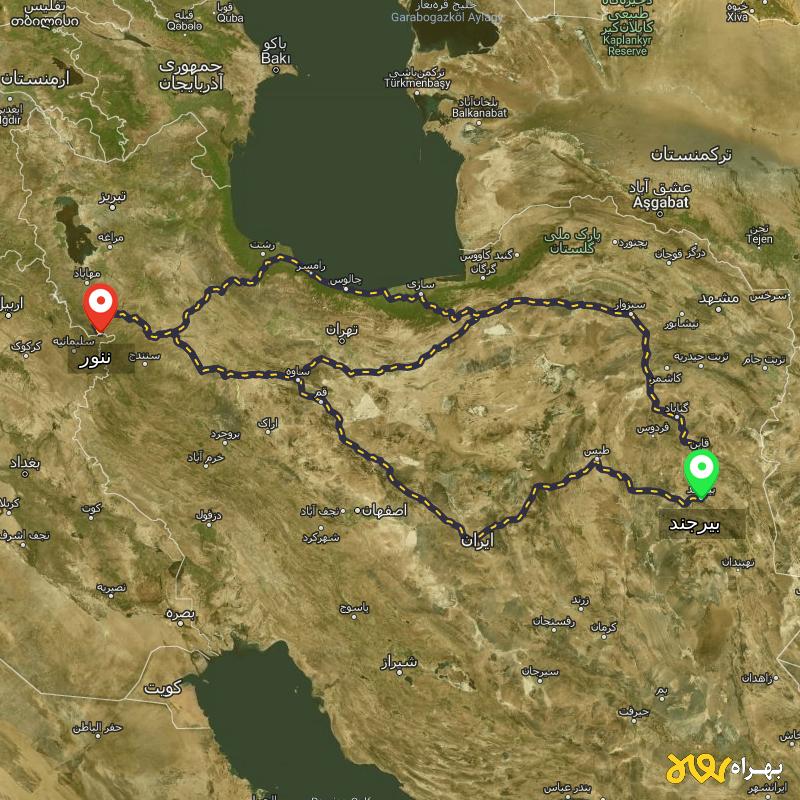 مسافت و فاصله ننور - کردستان تا بیرجند از ۳ مسیر - شهریور ۱۴۰۳