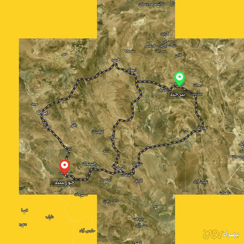 مسافت و فاصله خورسند - کرمان تا بیرجند از ۳ مسیر - شهریور ۱۴۰۳