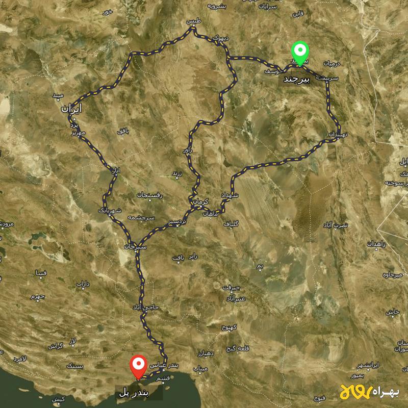 مسافت و فاصله بندر پل - هرمزگان تا بیرجند از ۳ مسیر - آبان ۱۴۰۳