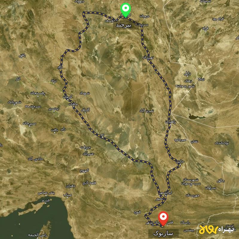 مسافت و فاصله ساربوک - سیستان و بلوچستان تا بیرجند از ۲ مسیر - شهریور ۱۴۰۳