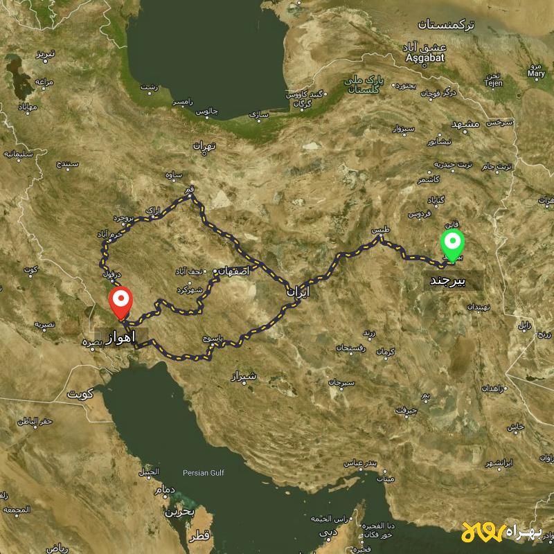 مسافت و فاصله اهواز تا بیرجند از ۳ مسیر - مرداد ۱۴۰۳