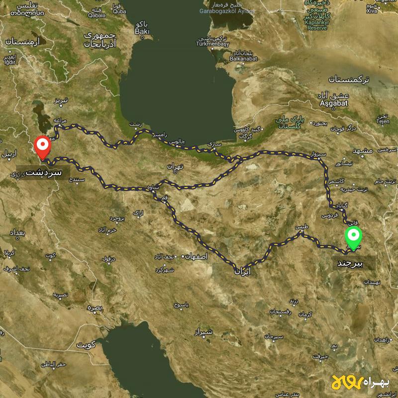 مسافت و فاصله سردشت - آذربایجان غربی تا بیرجند از ۳ مسیر - آذر ۱۴۰۳