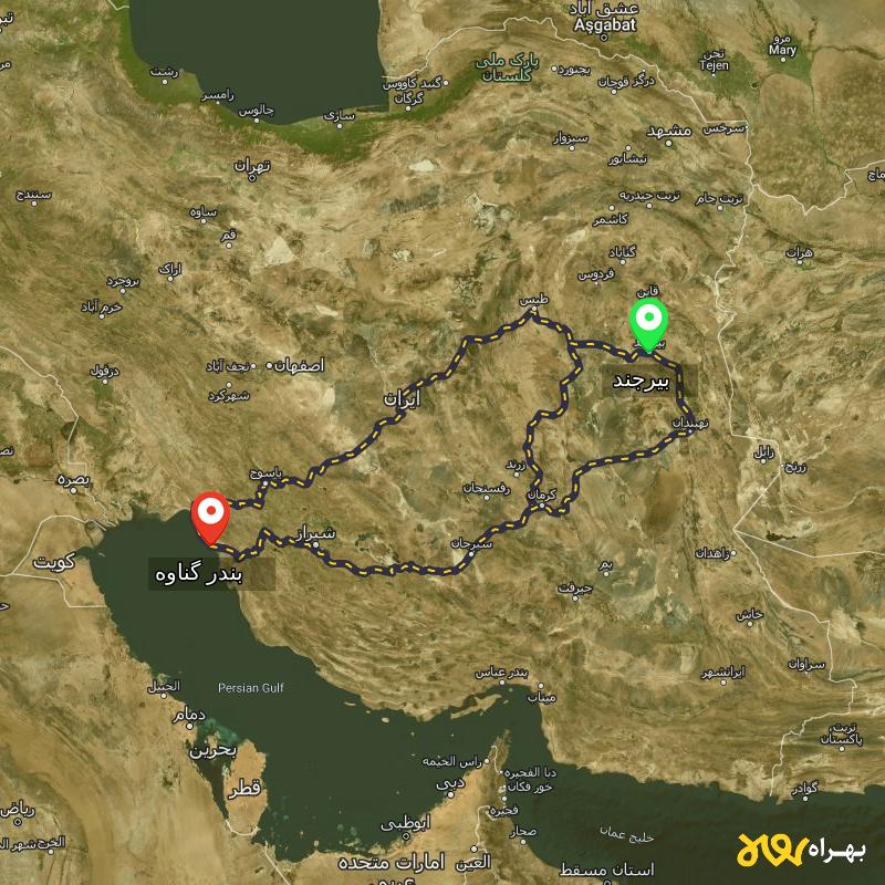 مسافت و فاصله بندر گناوه - بوشهر تا بیرجند از 3 مسیر - مسیریاب بهراه