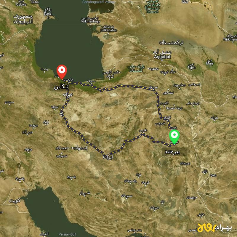 مسافت و فاصله تنکابن - مازندران تا بیرجند از ۲ مسیر - آبان ۱۴۰۳