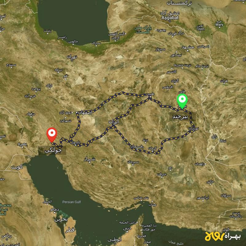 مسافت و فاصله جولکی - خوزستان تا بیرجند از ۳ مسیر - شهریور ۱۴۰۳