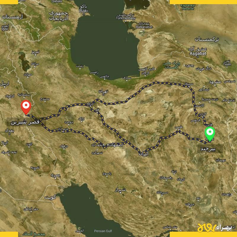 مسافت و فاصله قصر شیرین - کرمانشاه تا بیرجند از ۳ مسیر - بهمن ۱۴۰۳