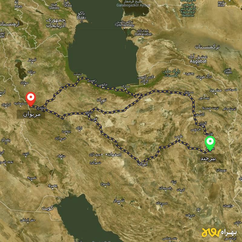 مسافت و فاصله مریوان - کردستان تا بیرجند از 3 مسیر - مسیریاب بهراه