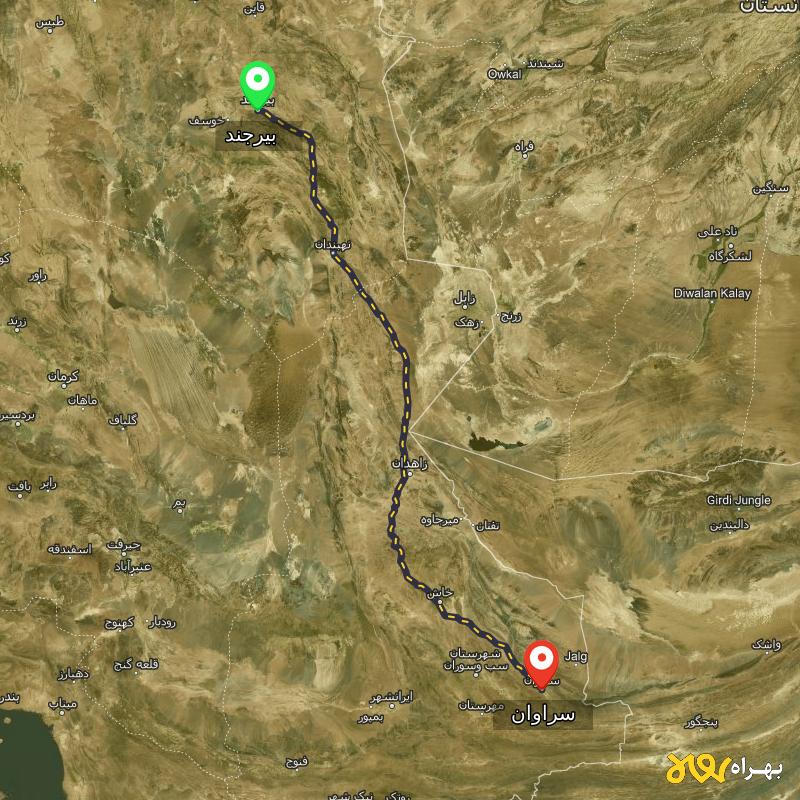 مسافت و فاصله سراوان - سیستان و بلوچستان تا بیرجند - مسیریاب بهراه