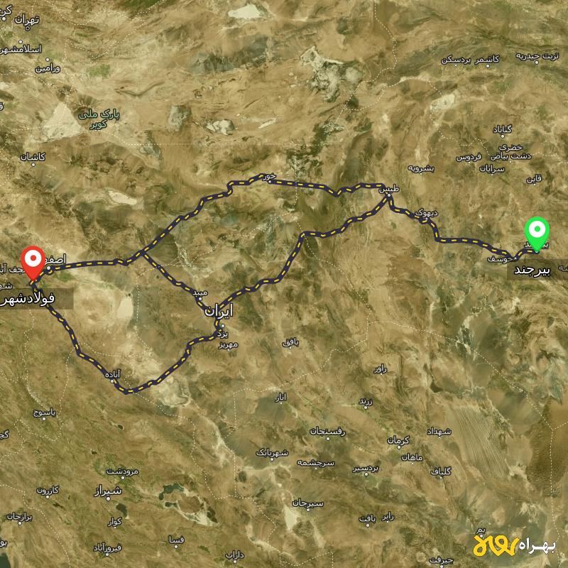 مسافت و فاصله فولادشهر - اصفهان تا بیرجند از ۳ مسیر - آذر ۱۴۰۳