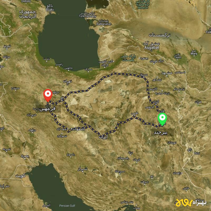 مسافت و فاصله فرمهین - مرکزی تا بیرجند از ۳ مسیر - آذر ۱۴۰۳