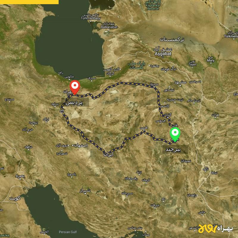 مسافت و فاصله پردیس - تهران تا بیرجند از ۲ مسیر - مهر ۱۴۰۳
