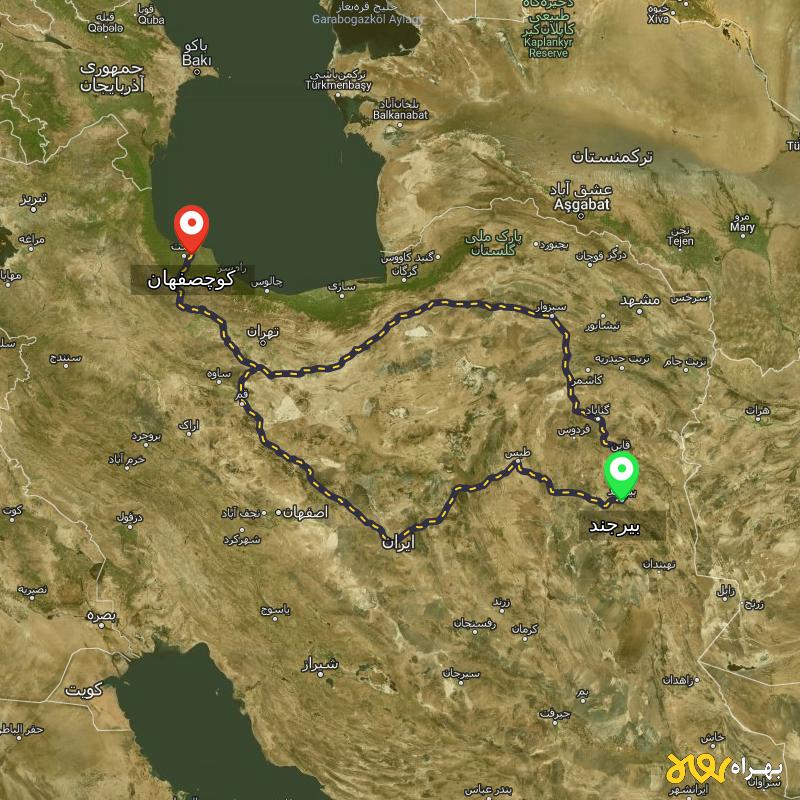 مسافت و فاصله کوچصفهان - گیلان تا بیرجند از ۲ مسیر - آبان ۱۴۰۳