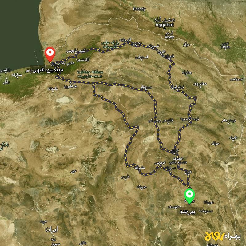 مسافت و فاصله سیمین شهر - گلستان تا بیرجند از ۳ مسیر - دی ۱۴۰۳