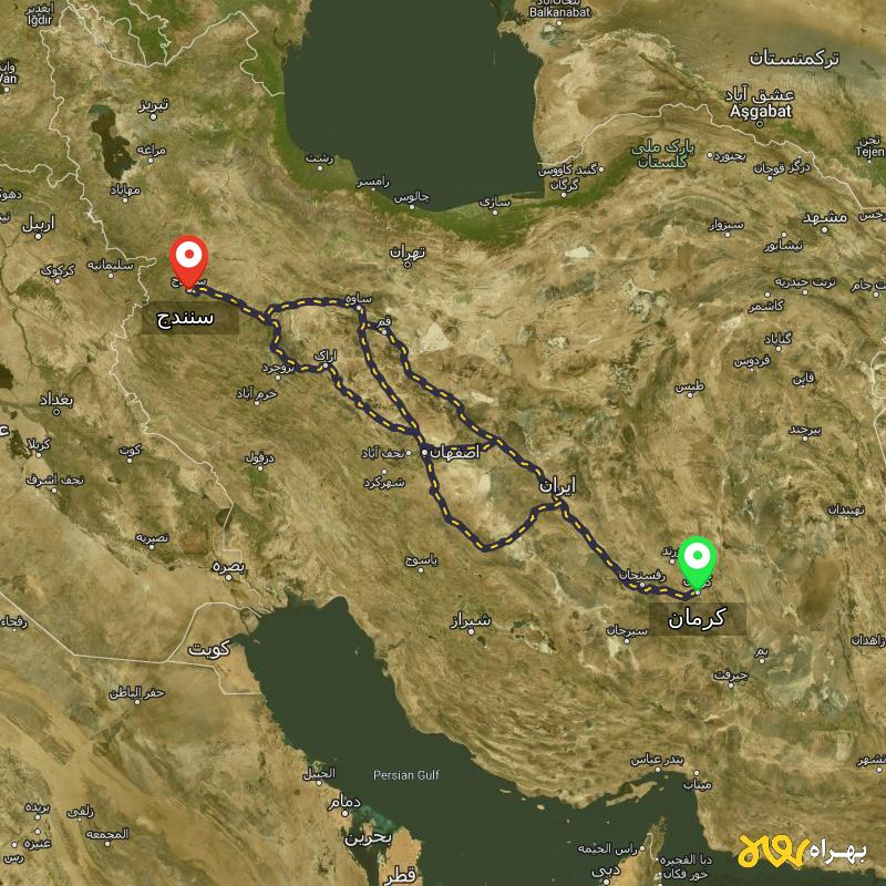 مسافت و فاصله سنندج تا کرمان از ۳ مسیر - اردیبهشت ۱۴۰۳