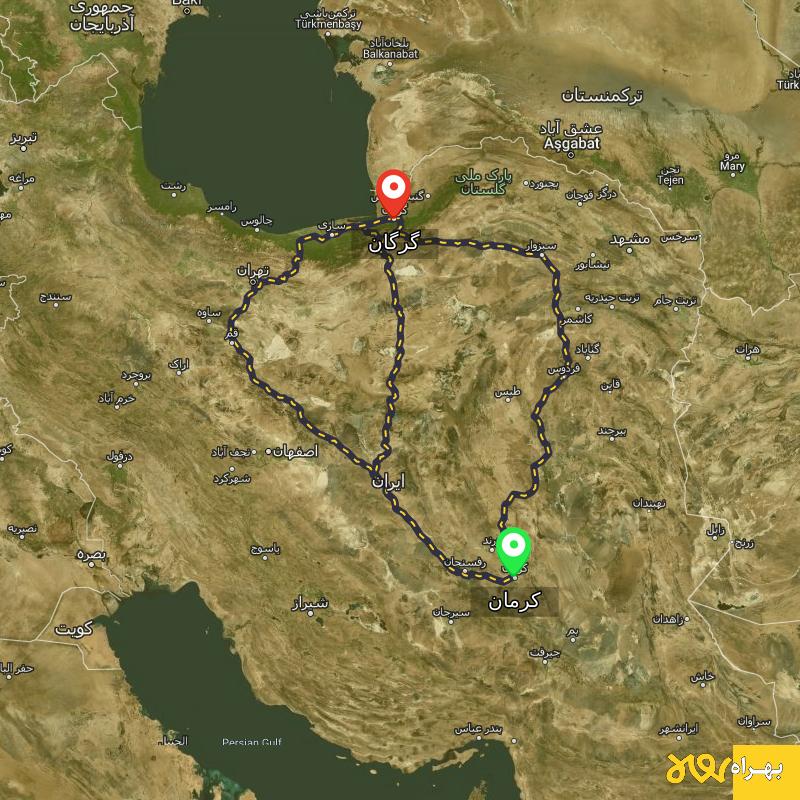 مسافت و فاصله گرگان تا کرمان از ۳ مسیر - مرداد ۱۴۰۳