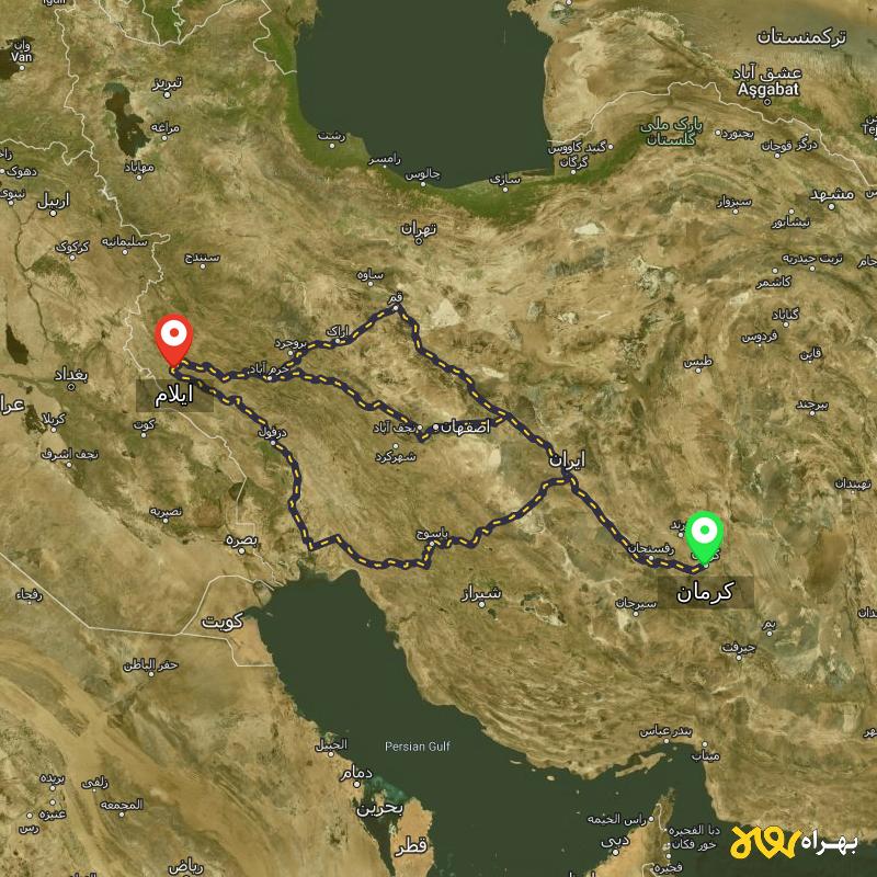 مسافت و فاصله ایلام تا کرمان از 3 مسیر - مسیریاب بهراه