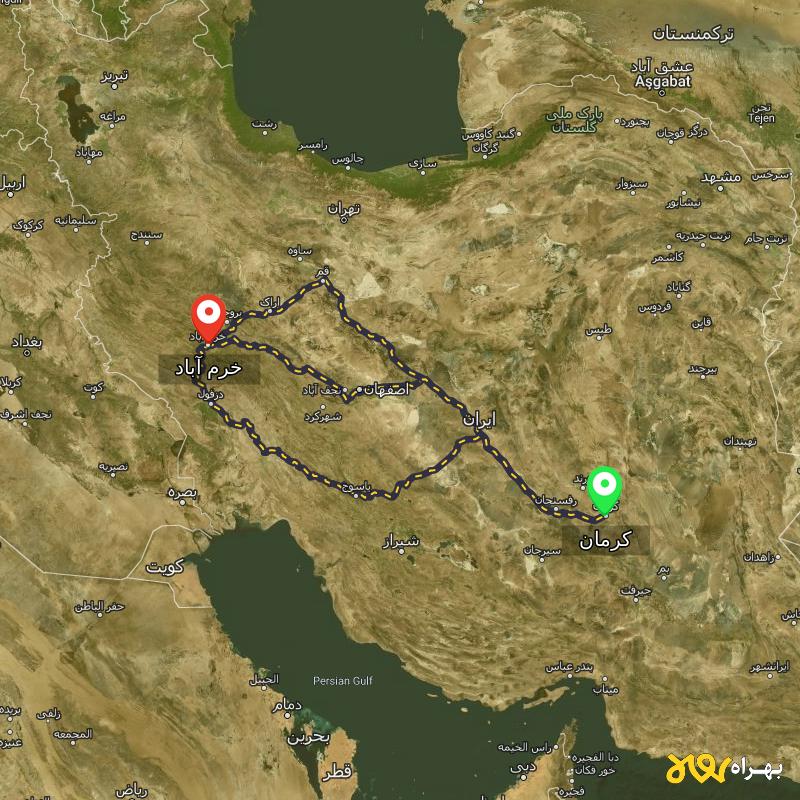 مسافت و فاصله خرم آباد تا کرمان از ۳ مسیر - مرداد ۱۴۰۳